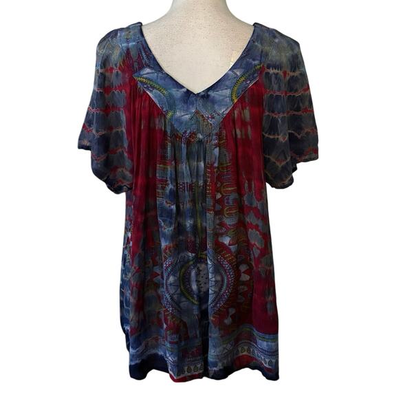 Greater Good Size XL V Neck Flowy Blouse Boho Indie Tie Dye Multicolor Print - Picture 2 of 5